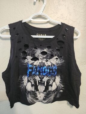 GUESS Black Distressed Tiger Graphic Crop Tank with Blue 'FAMOUS'